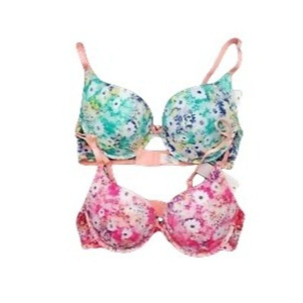 Hers By Herman Womens Pink Teal Floral Adjustable Strap Push Up Bra Size 38 C